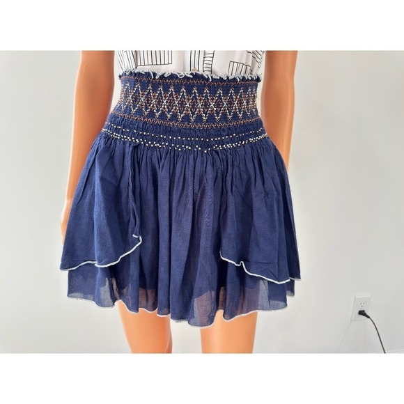 Free People Dresses & Skirts - Free People Navy Blue Smocked Embroidered Tiered Ruffle Mini Skirt Boho Womens